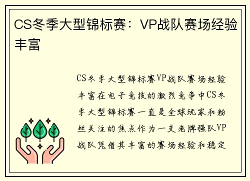 CS冬季大型锦标赛：VP战队赛场经验丰富